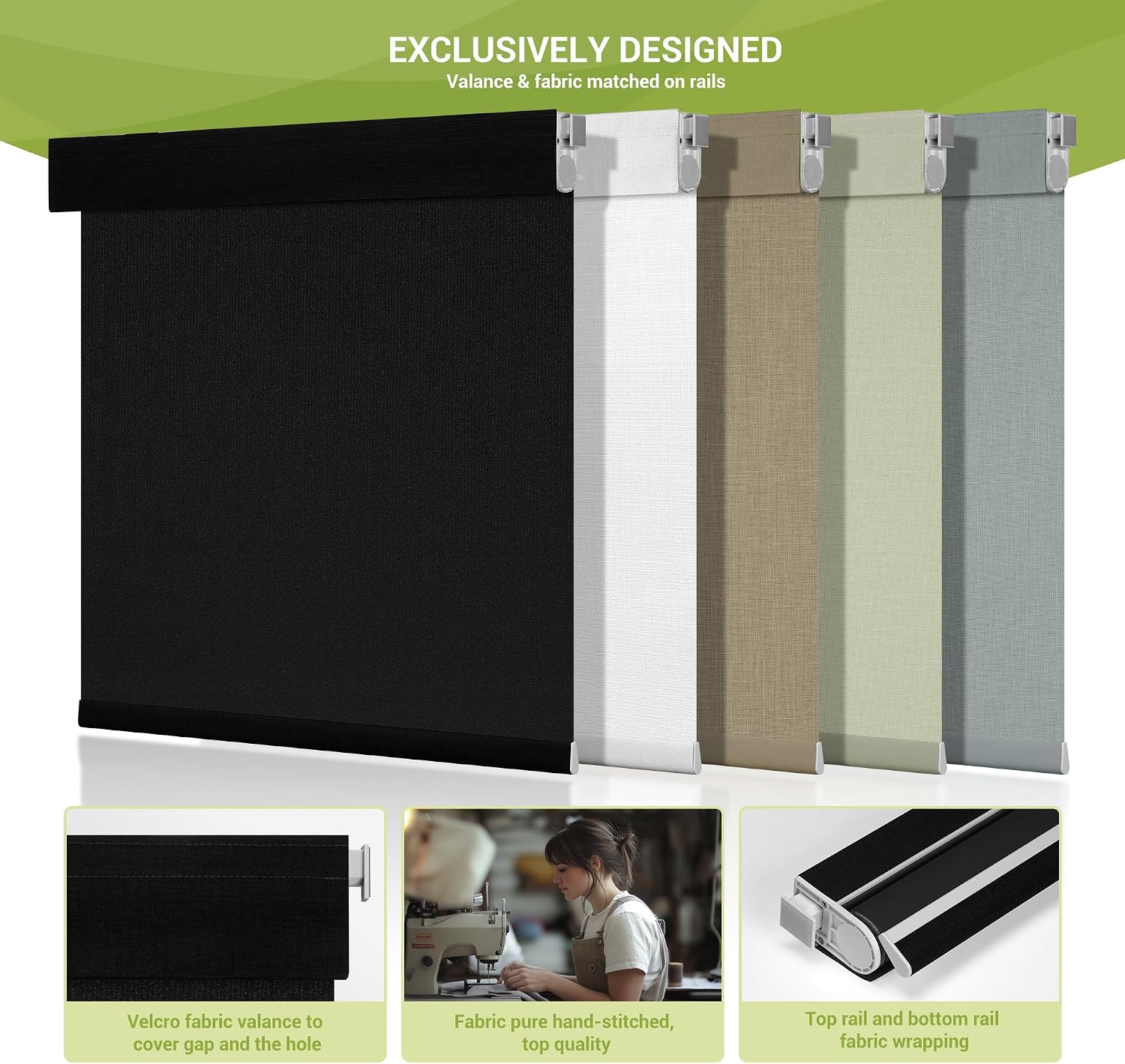 No Drill No Tools Blackout Roller Shades for Windows, Cordless Blinds with Linen Fabric-Matched, Custom Roller Blinds for Home Office Door, Black, 63.5' W x 56' H