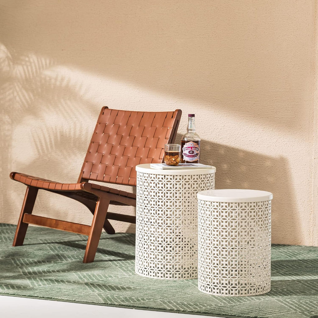Glitzhome Accent Tables Living Room Set of 2, Round Metal End Side Table, Small Circle Coffee Bedside Table, Planter Stand for Couch Bedroom Nightstand, Cream White