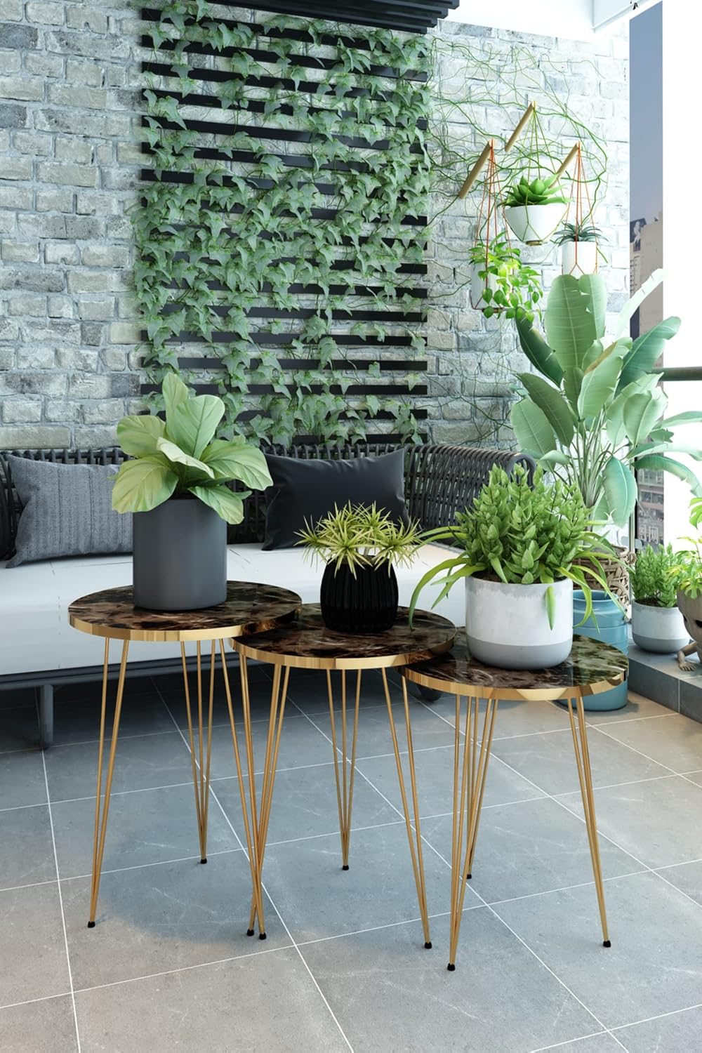 Set of 3 Nesting End Tables Round Wood Stacking Coffee Side Accent Sofa Table with Metal Legs for Living Room, Home Office, Nightstands for Bedroom (Brown Marble/Gold)