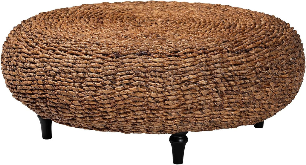 bali & pari Riau Handwoven Seagrass Coffee Table with Wooden Legs – Natural Wicker Round Living Room Table for Living Room or Bedroom Décor