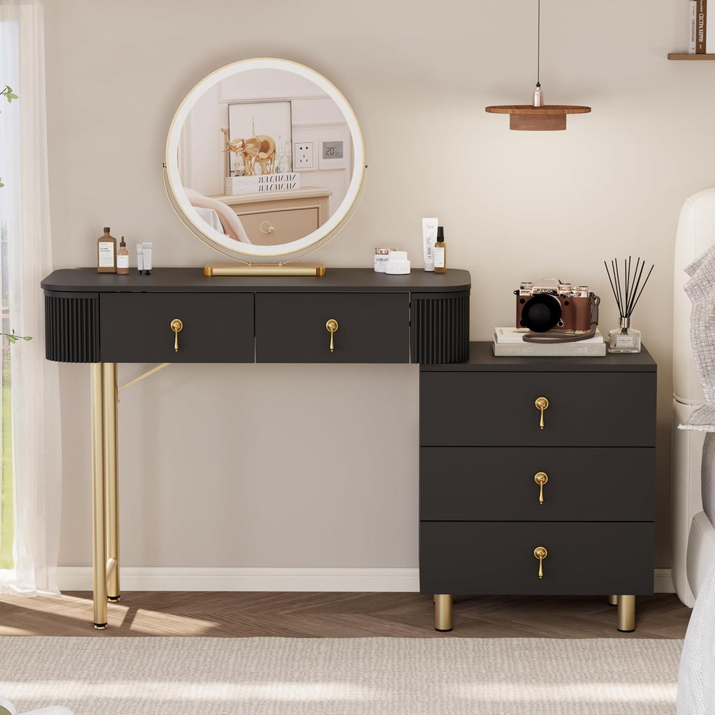 Royal Windsor Makeup Vanity Desk with Mirror and Lights, Black | The Side Cabinets can be Interchanged from Lleft to Right, 3 Color Touch Screen LED Mirror , 5 Drawers