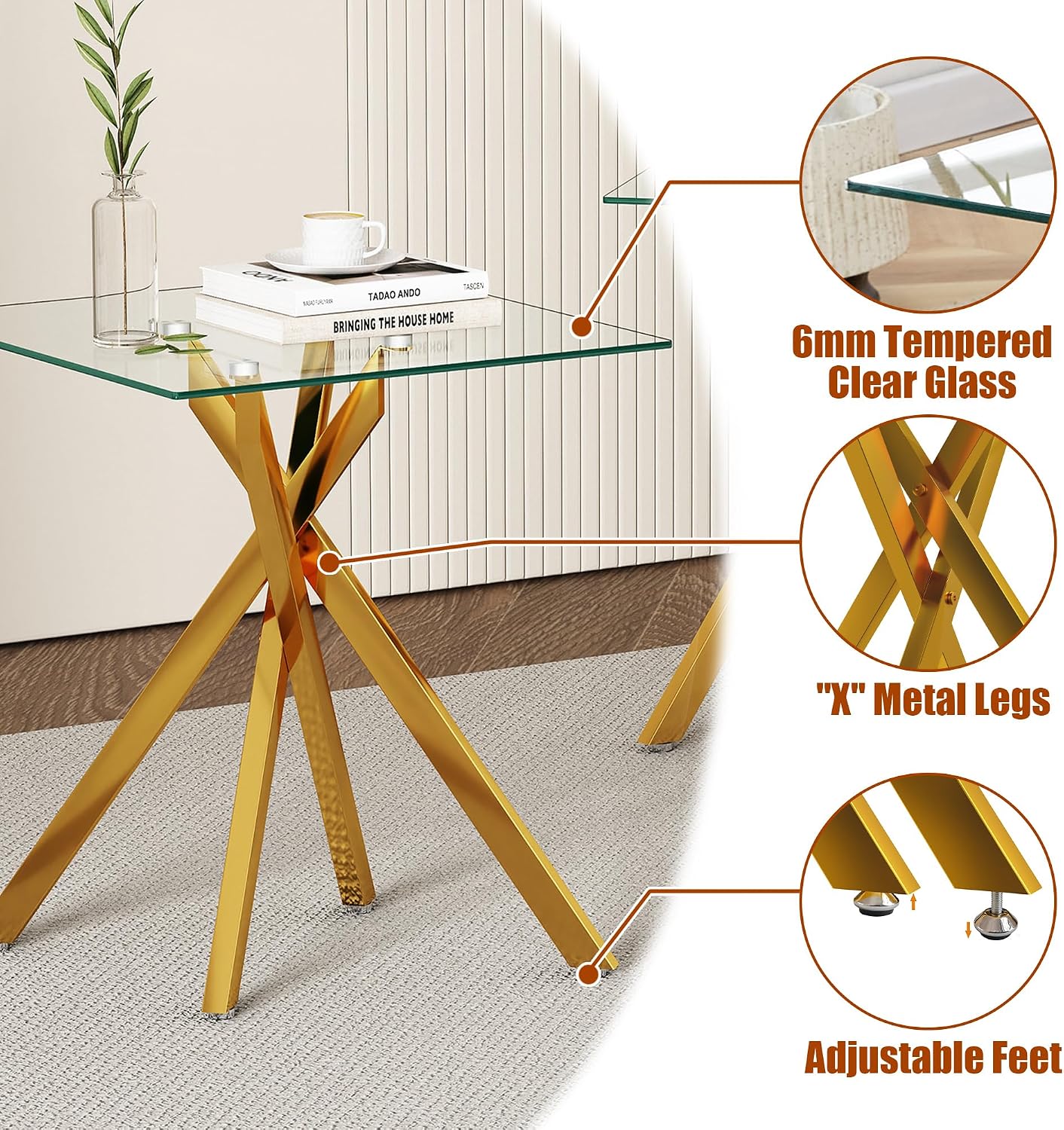 IANIYA Living Room Set - Glass Coffee Table and 2 End Tables with Modern Design Set of 3 (Large Coffee Table + End Table x2, Gold)