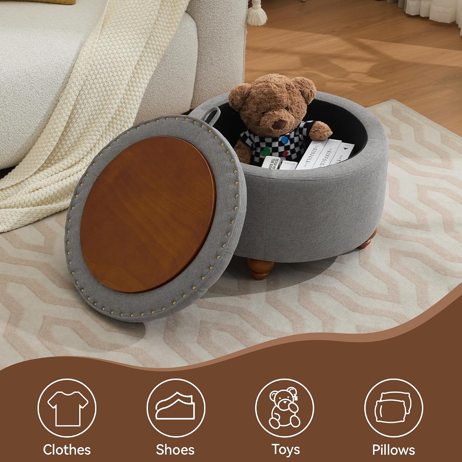 WUTUTUEE 24Inch Round Storage Ottoman with Tray, Modern Tufted Fabric Circle Coffee Table with Storage, Upholstered Ottoman with Removable Top for Living Room, Bedroom, Light Grey