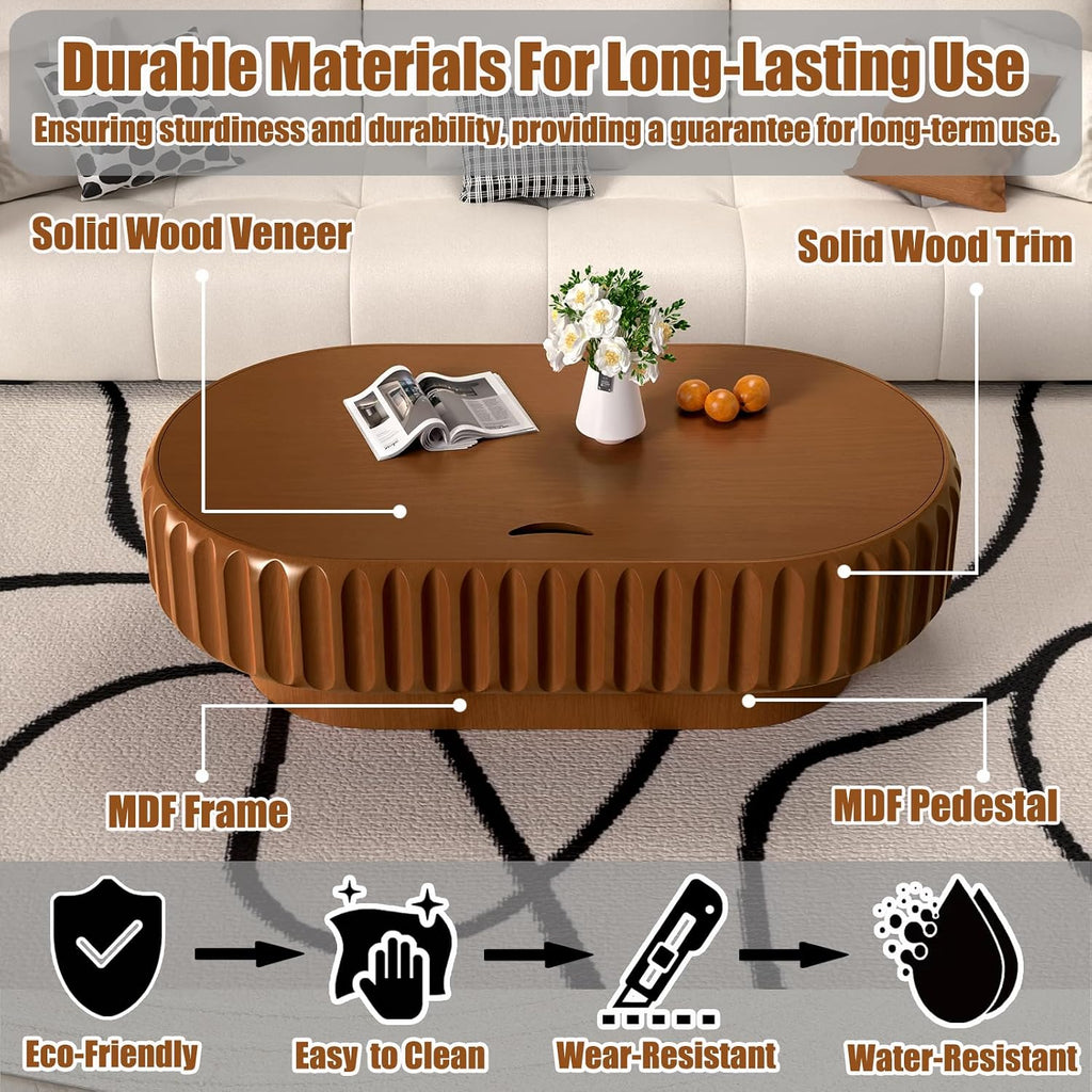 43.3' Oval Drum Coffee Table with Hidden Storage, Modern Fluted Coffee Tables with Solid Wood Veneer, Wooden Center Table for Living Room, Bedroom, Apartment, Easy Assembly