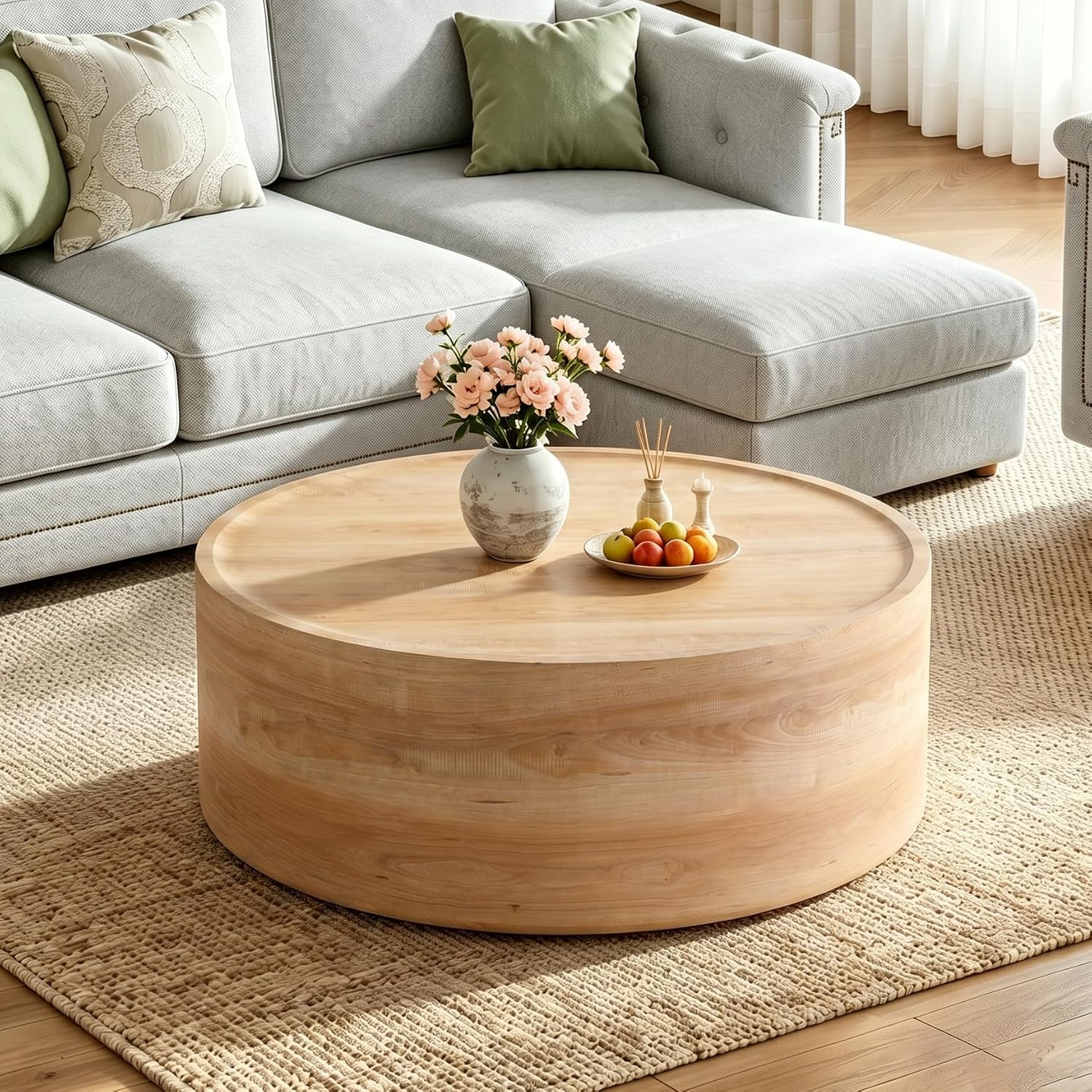 Modern Drum Coffee Table Natural Wood Color Coffee Tables Round Center Table for Living Room Home Office,39.3'- Fully Assembled