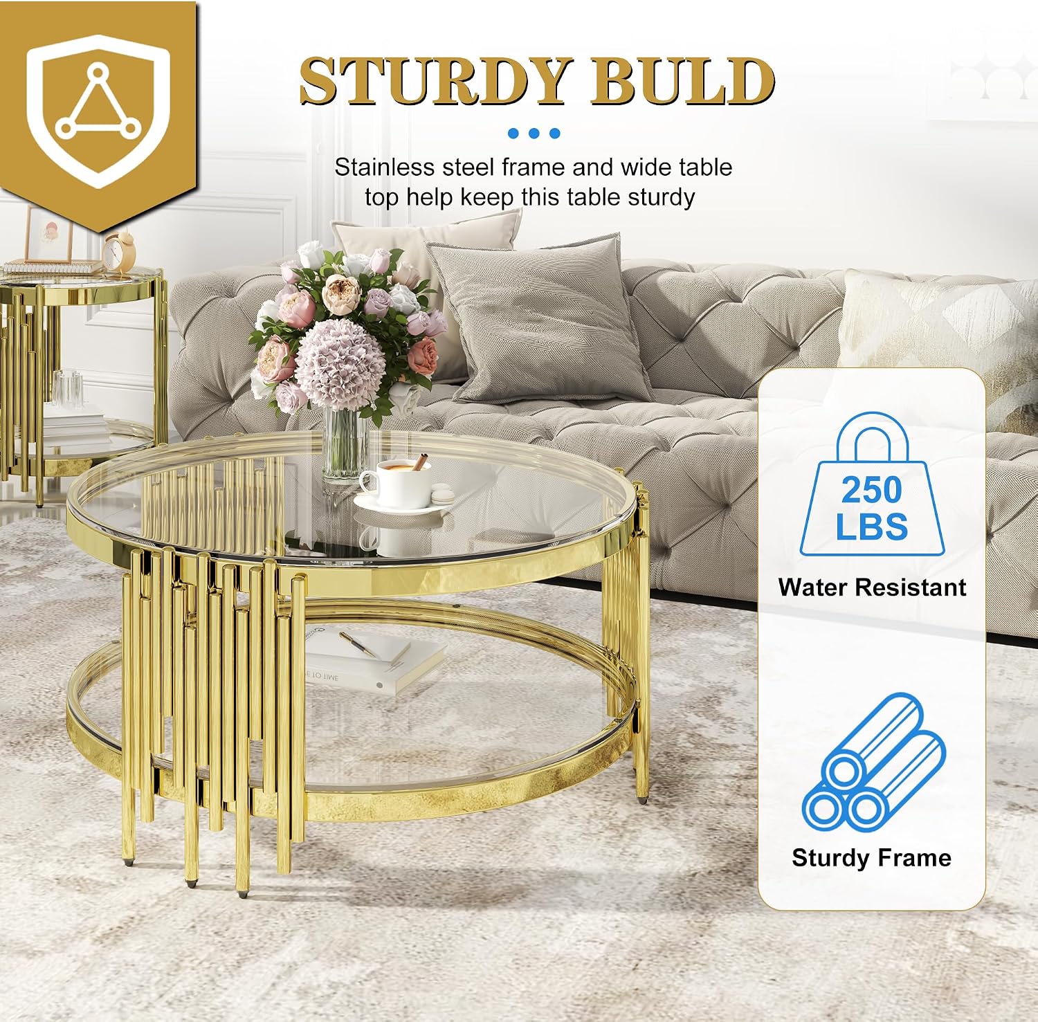 Round Glass Coffee Table Set of 3, Gold and Clear Modern Living Room Table Set, Includes 1 Coffee Table, 2 End Tables, Gold Stainless Steel Base Tempered Glass Top, Luxury Furniture for Home Office