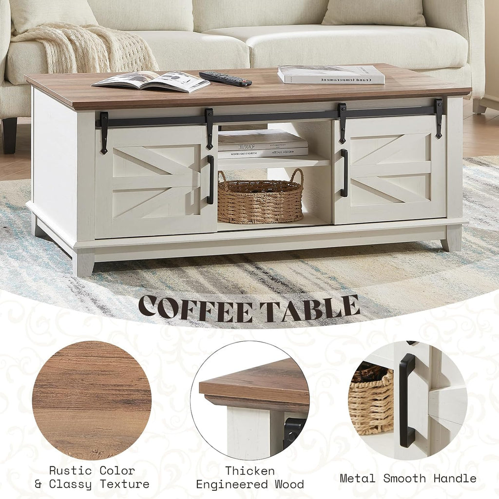 AMERLIFE TV Stand with Set of 2 Bookcases and Coffee Table, Farmhouse Entertainment Center for 65 Inch Television with Sliding Barn Doors & Storage Drawers, for Living Room, Bedroom, Rustic White