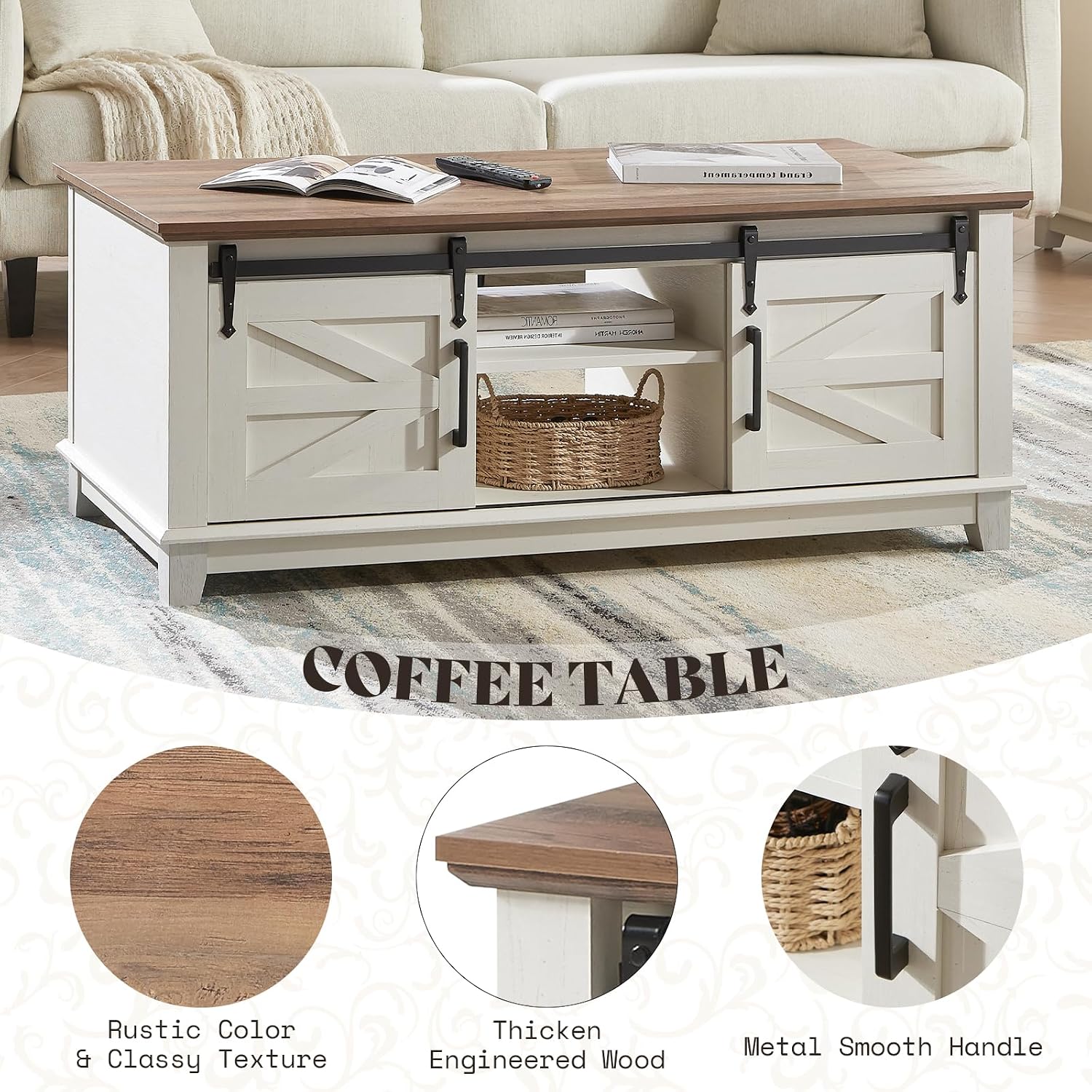 AMERLIFE TV Stand with Set of 2 Bookcases and Coffee Table, Farmhouse Entertainment Center for 65 Inch Television with Sliding Barn Doors & Storage Drawers, for Living Room, Bedroom, Rustic White