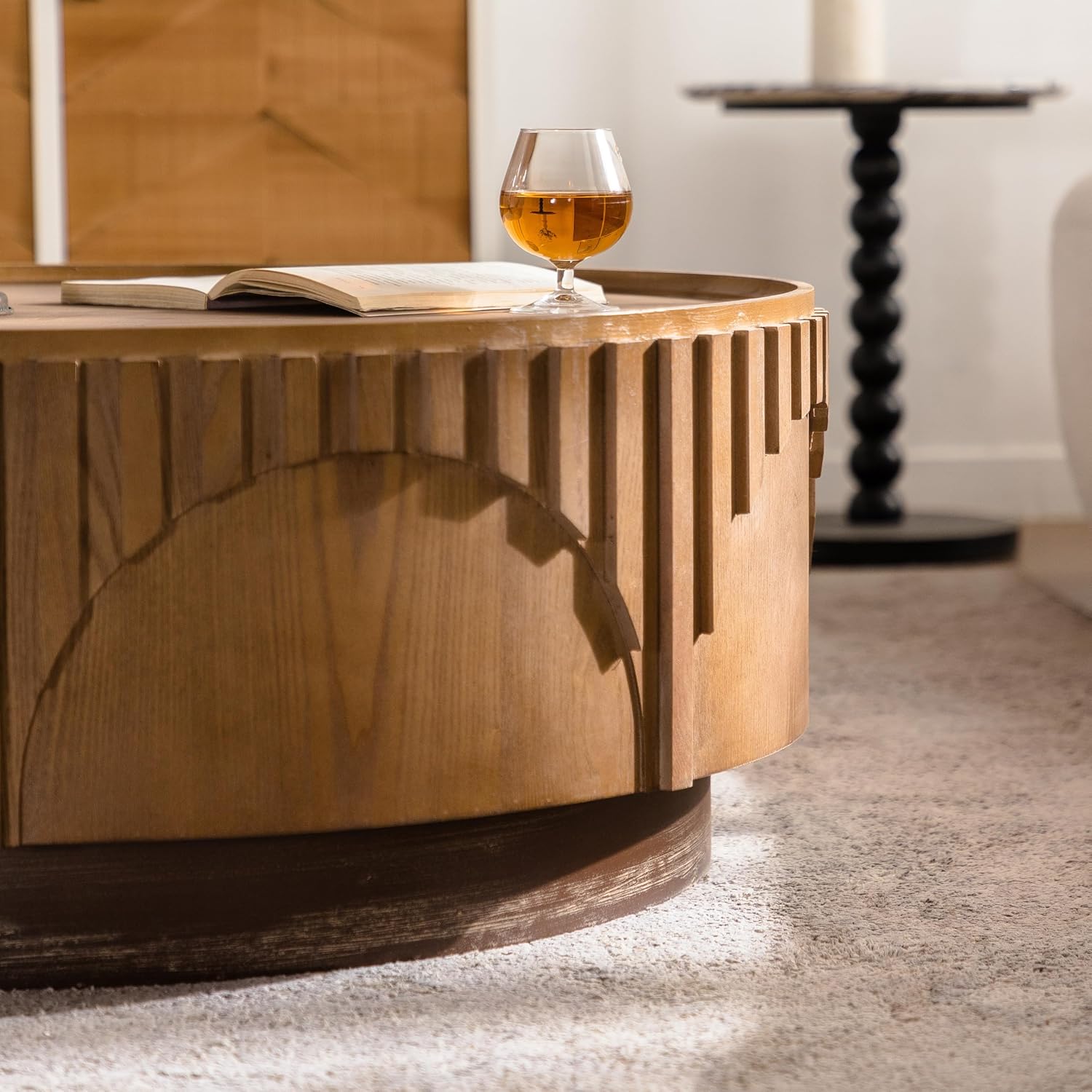 36.22'' Round Drum Coffee Table for Living Room, Modern Mid-Century Circle Wood Coffee Table with Sturdy Pedestal, Easy Assembly, Natural