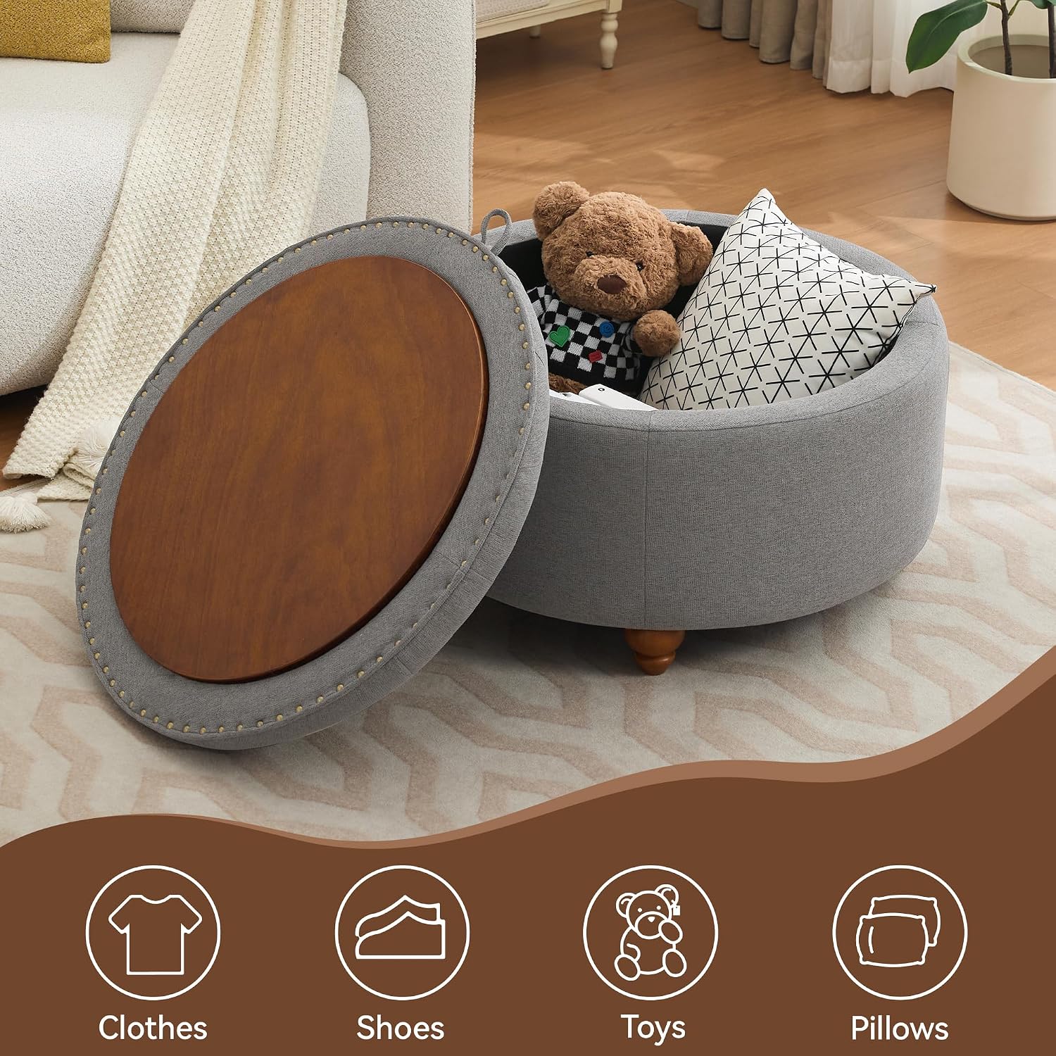 WUTUTUEE 30Inch Round Storage Ottoman with Tray, Modern Tufted Fabric Circle Coffee Table with Storage, Upholstered Ottoman with Removable Top for Living Room, Bedroom, Light Grey