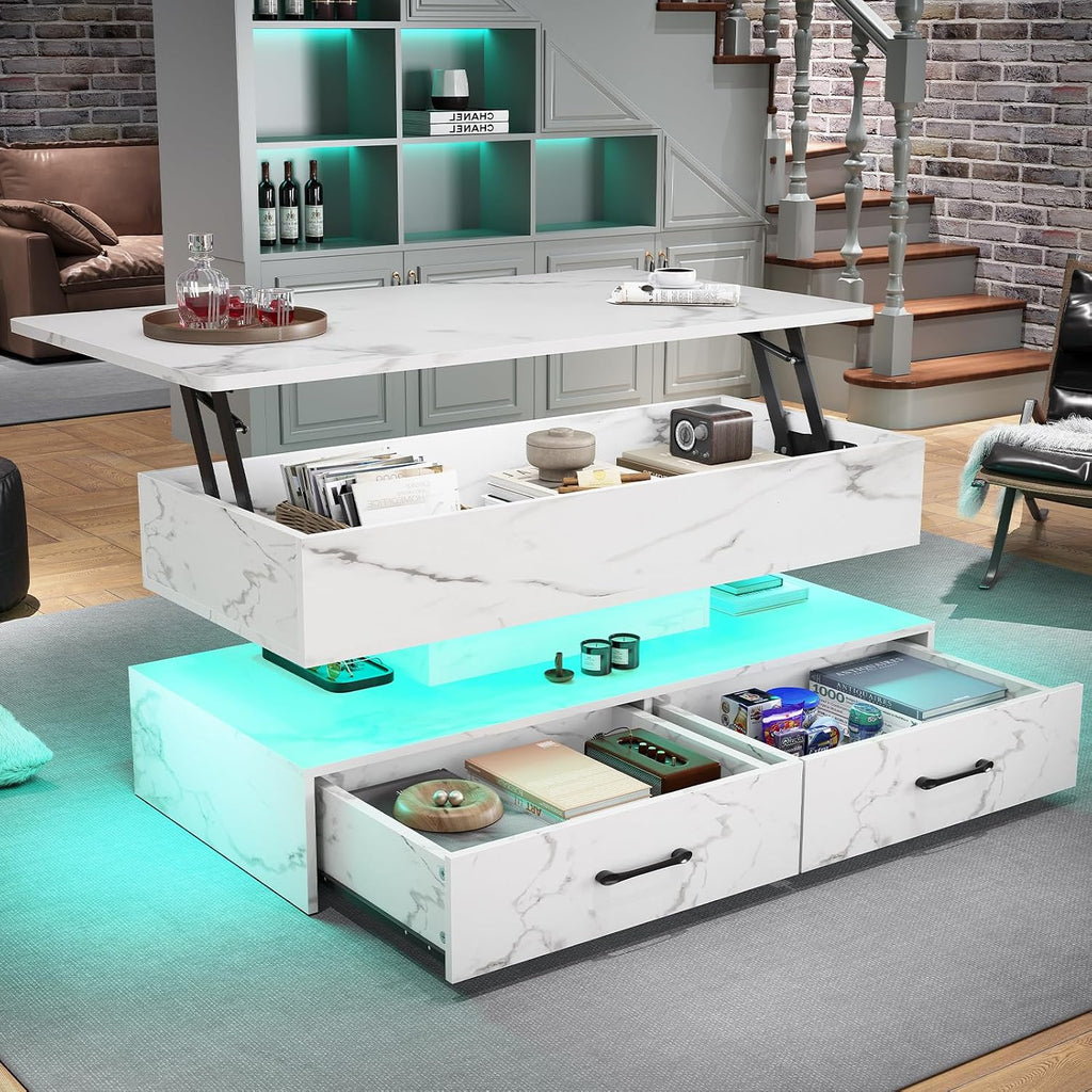 SEDETA 40' Lift Top Coffee Table, Coffee Tables with Storage for Living Room, Small Coffee Table with 2 Drawers & LED Light for Dining Reception Room, White Marble