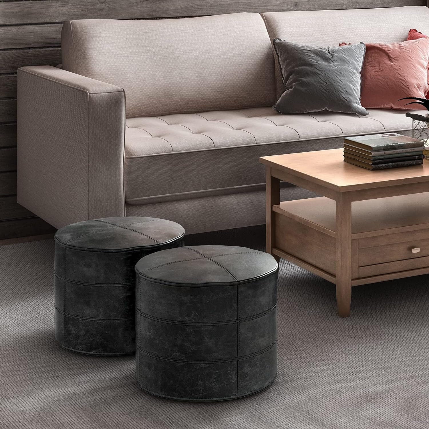 SIMPLIHOME Connor Round Pouf - 18 inch Wide Upholstered Genuine Leather Ottoman in Distressed Black, Boho Footstool or Extra Seating for Living Room or Bedroom with Polystyrene Filling, Assembled