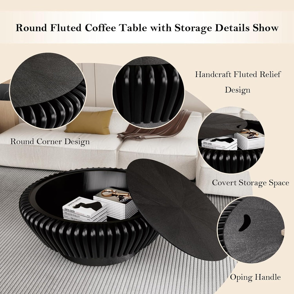 35.4' Fluted Coffee Table with Storage Rustic Chic Circle Drum Center Tables - Handcraft Solid Wood Fluted Veneer for Living Room (L Black 35.4in)