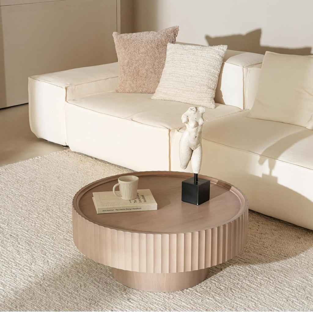 Round Coffee Table, 30.3in Modern Living Room Table, Fluted Drum Circle Tea Table with Storage, Accent Center Tables for Living Room, Apartment, Small Space (Grayish Pink)