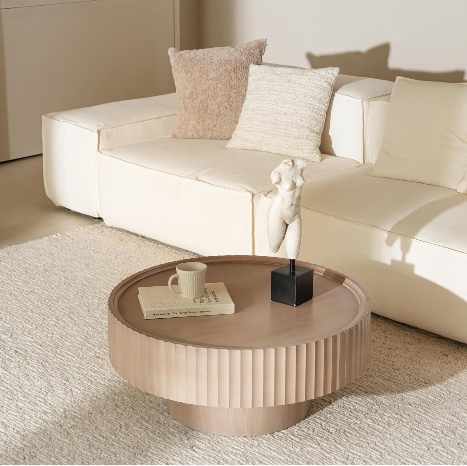 Round Coffee Table, 30.3in Modern Living Room Table, Fluted Drum Circle Tea Table with Storage, Accent Center Tables for Living Room, Apartment, Small Space (Grayish Pink)