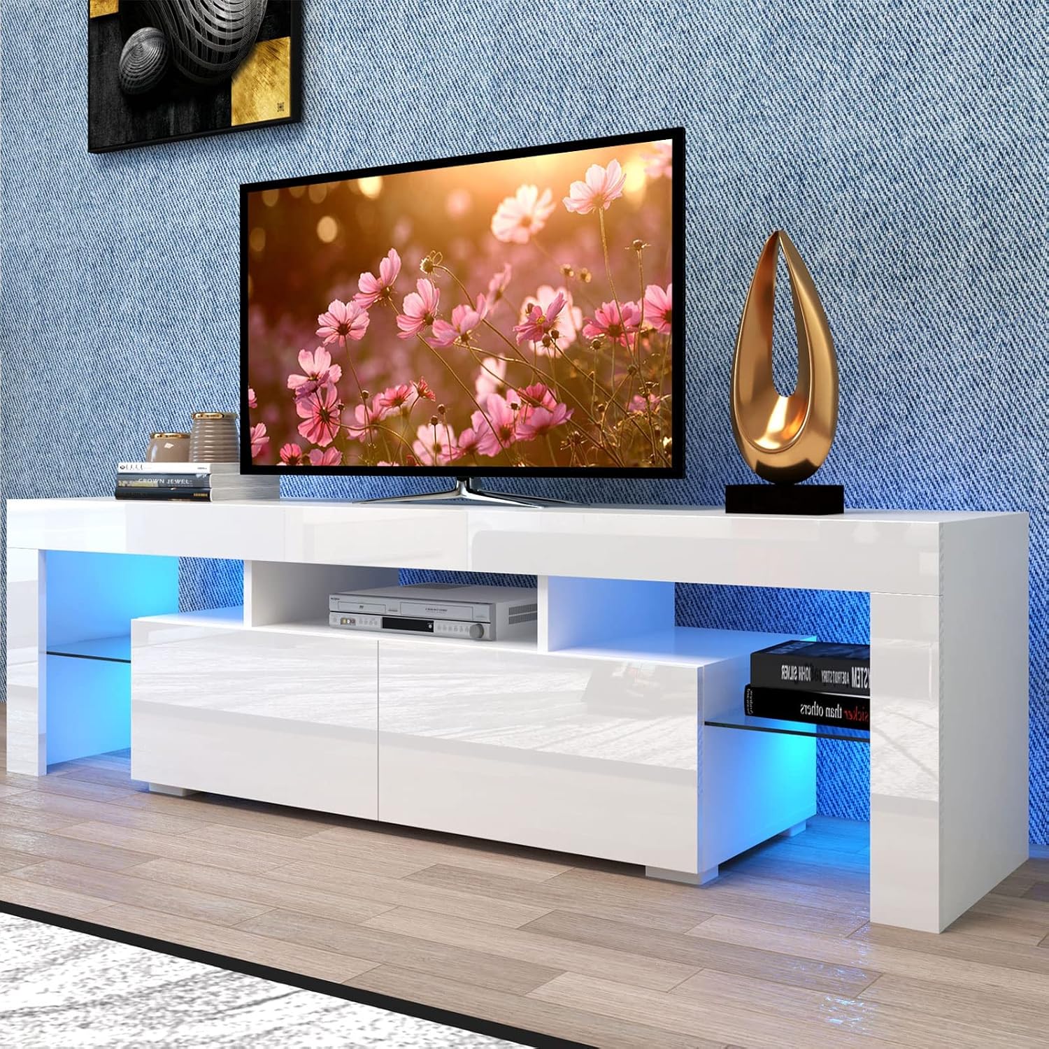 White LED TV Stand for /50/60/70 Inch TVs with Color Change LED Lighting, Universal Entertainment Center for Video Gaming, Movies, and Home Decor, Clear Glass Shelving (White2)
