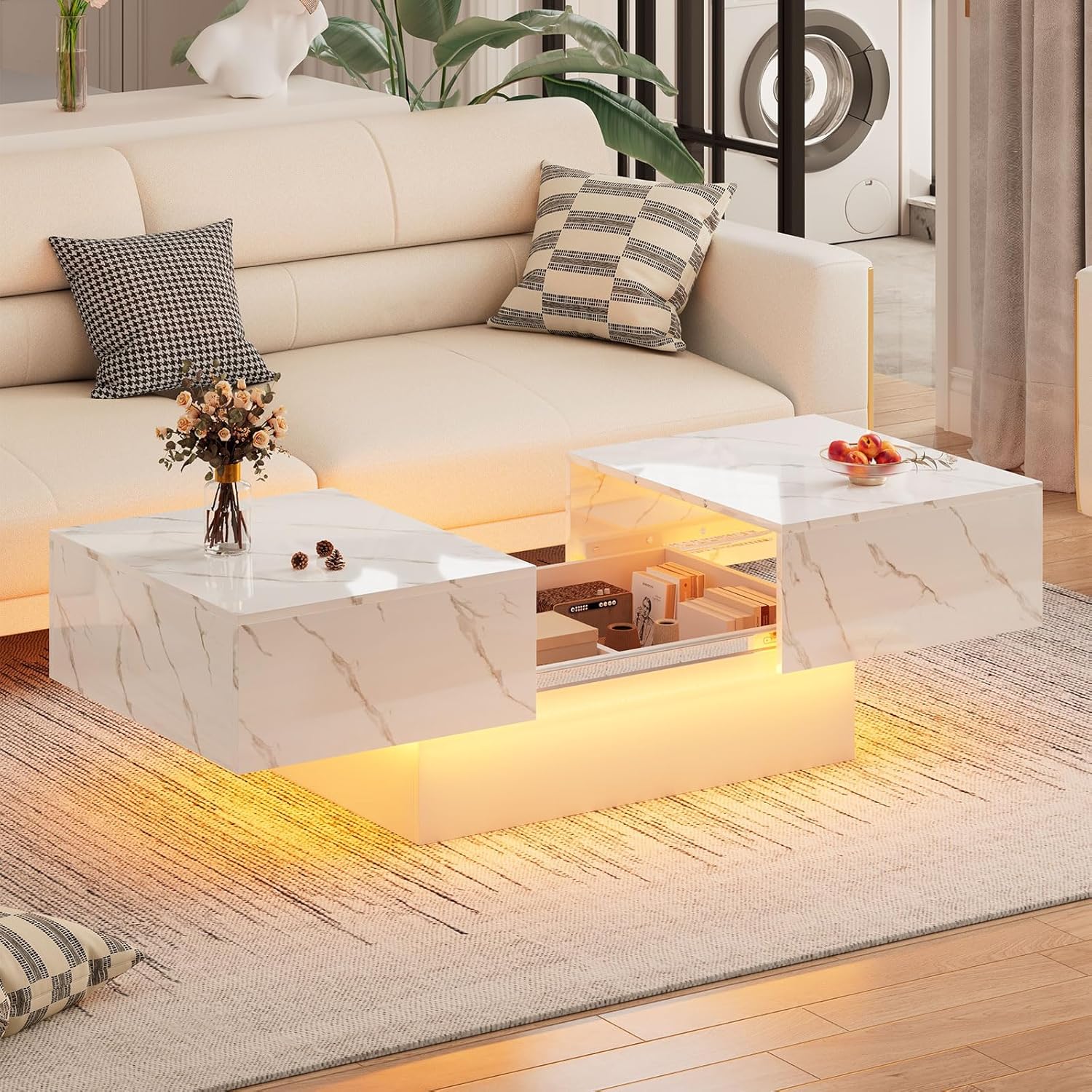 HedoAjim White Marble LED Coffee Table with Storage for Living Room, Living Room Table Rectangular Center Table, Modern High Glossy Wooden Coffee Tables for Dining Reception Room