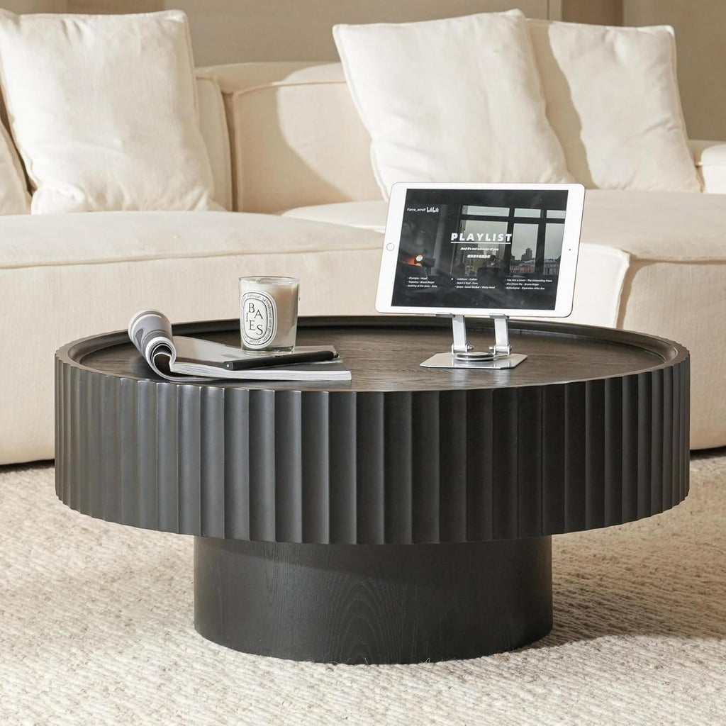 Round Coffee Table, 30.3in Modern Living Room Table, Fluted Drum Circle Tea Table with Storage, Accent Center Tables for Living Room, Apartment, Small Space (Black)