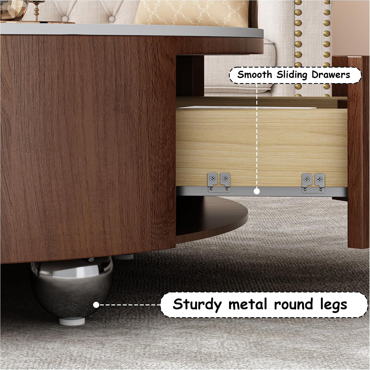35' Round Coffee Table with Storage,Faux Marble Coffee Table with Drawers and Sintered Stone Top,Circle Coffee Table,Modern Center Tables for Living Room(Walnu,White)