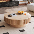 39.37'' Round Coffee Table for Living Room, Fluted Tea Table with Hidden Storage, Solid Wood Circle Coffee Table, Modern Tea Table for Small Space Apartment-Natural Wood 39.37''D×13.78''H