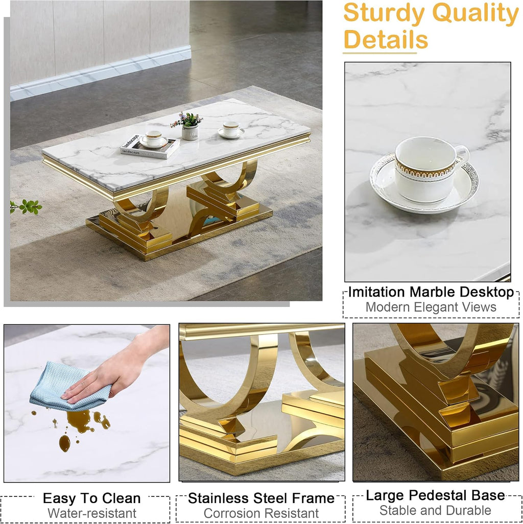 Coffee Tables Set of 3 for Living Room, Marble Coffee Table and 2 End Table Set, White Faux Marble Top&Gold O-Shape Stainless Steel Base, 3 Pieces Living Room Table Sets for Apartment Office