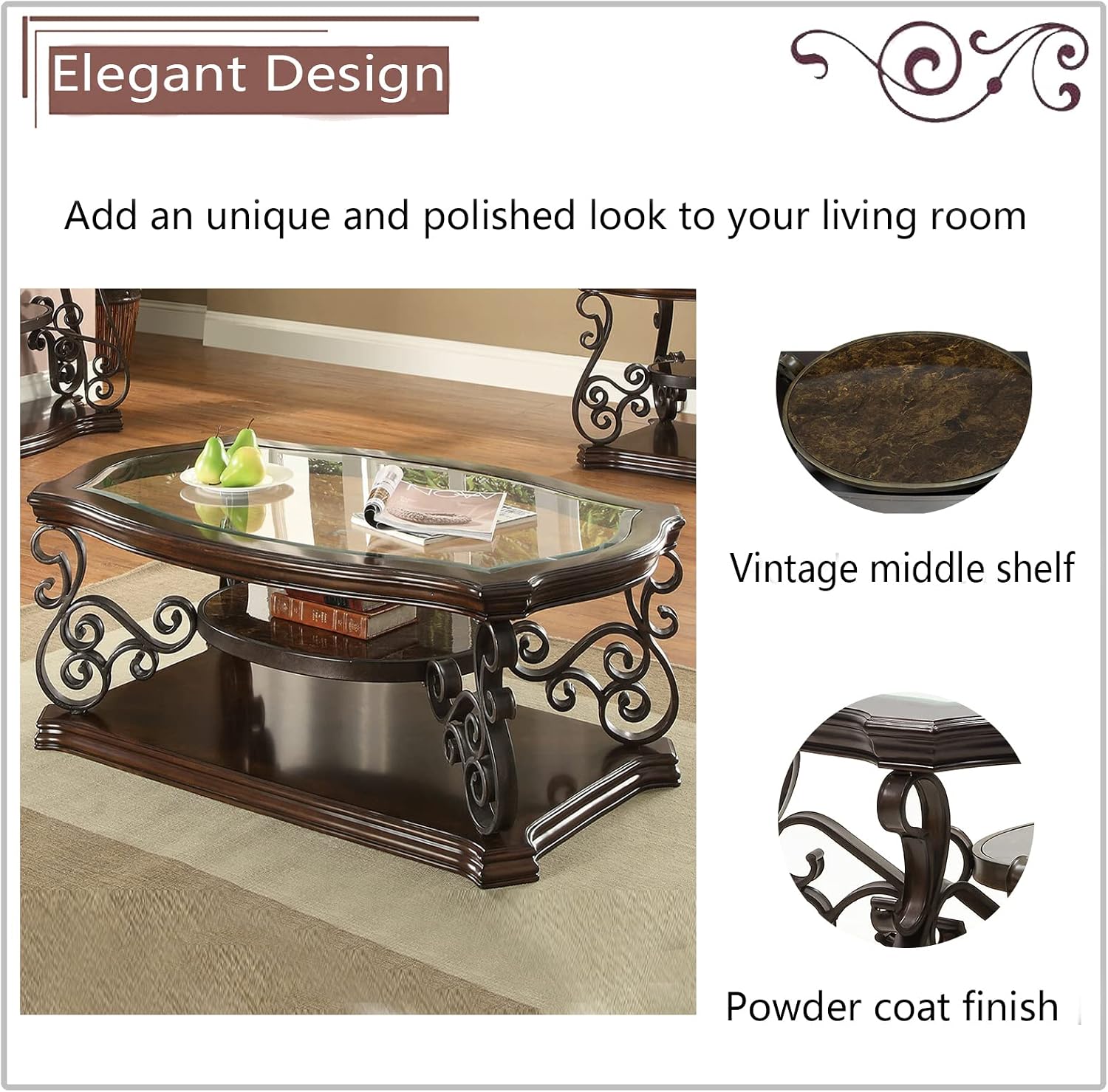 Elegant Retro Coffee Table, 3-Tier Traditional Rectangle Cocktail Table with Tempered Glass Top, Mid-Marble Shelf, Vintage Living Room Accent Sofa Table for Home Office, Easy Assembly