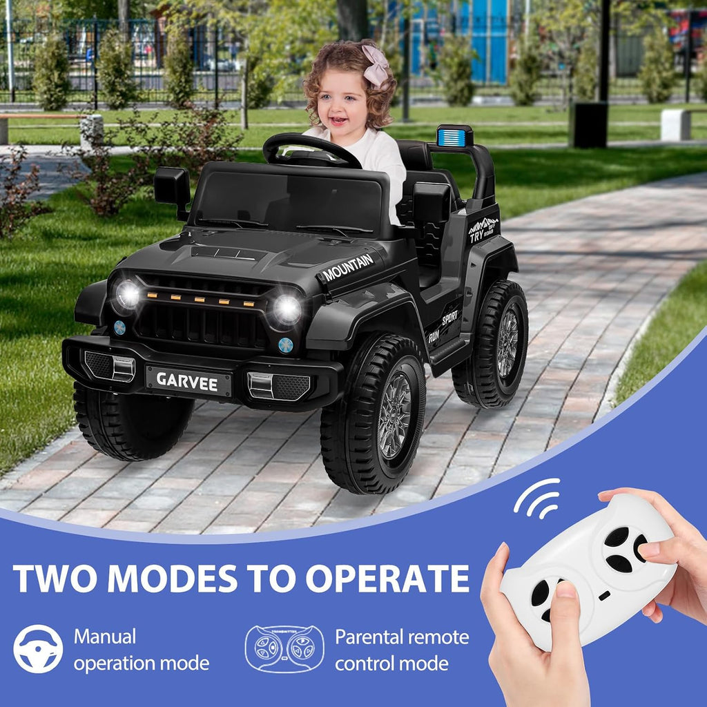 Garvee 12V Kids Ride On Truck Car, Battery Powered Electric Vehicles with Remote Control, Spring Suspensions, 3 Speeds, LED Lights, Music, MP3, Ride On Toy Car for Children Toddles Boys Girls, Black