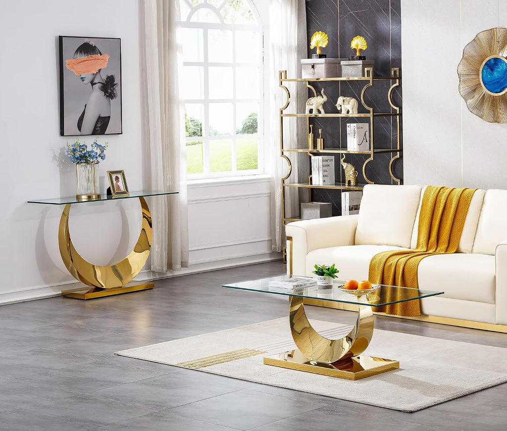 SSLine 1 Piece Living Room Console Table Luxury Glass Entryway Table,Modern Gold Console Table with Half Moon-Shape Stainless Steel Pedestal Base for Living Room Hallway Corridor(1 Console Table)