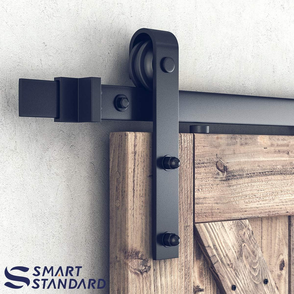 SMARTSTANDARD 11 FT Double Barn Door Hardware Kit, Sliding Door Track-Smoothly and Quietly -Includes Detailed Installation Fit 30'-33' Wide Doorpanel (J Shape Hanger) Black