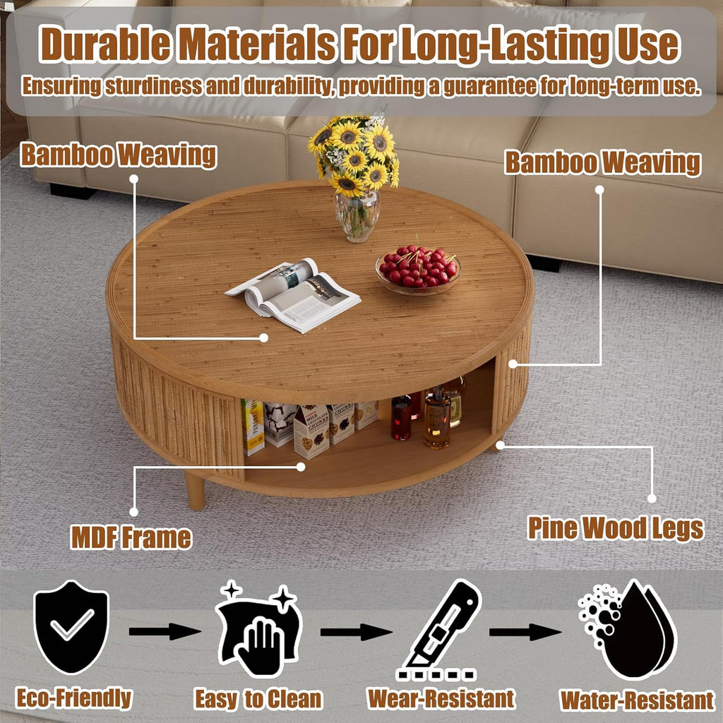 30.5' Storage Round Coffee Table, Modern Coffee Tables with Rattan-Accent Top and Sides, Wooden Circle Center Table for Living Room, Small Spaces, and Apartments, Easy Assembly