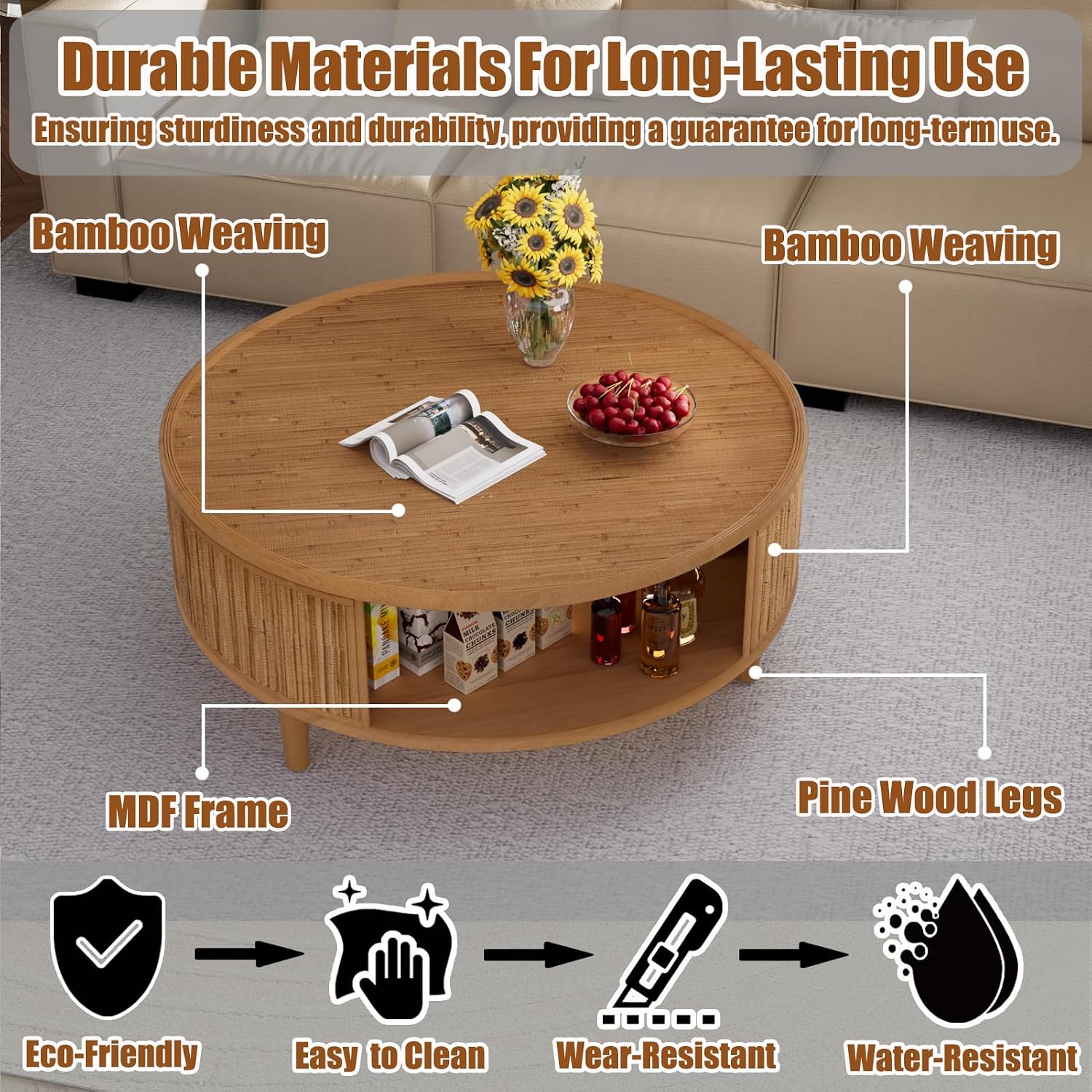 30.5' Storage Round Coffee Table, Modern Coffee Tables with Rattan-Accent Top and Sides, Wooden Circle Center Table for Living Room, Small Spaces, and Apartments, Easy Assembly