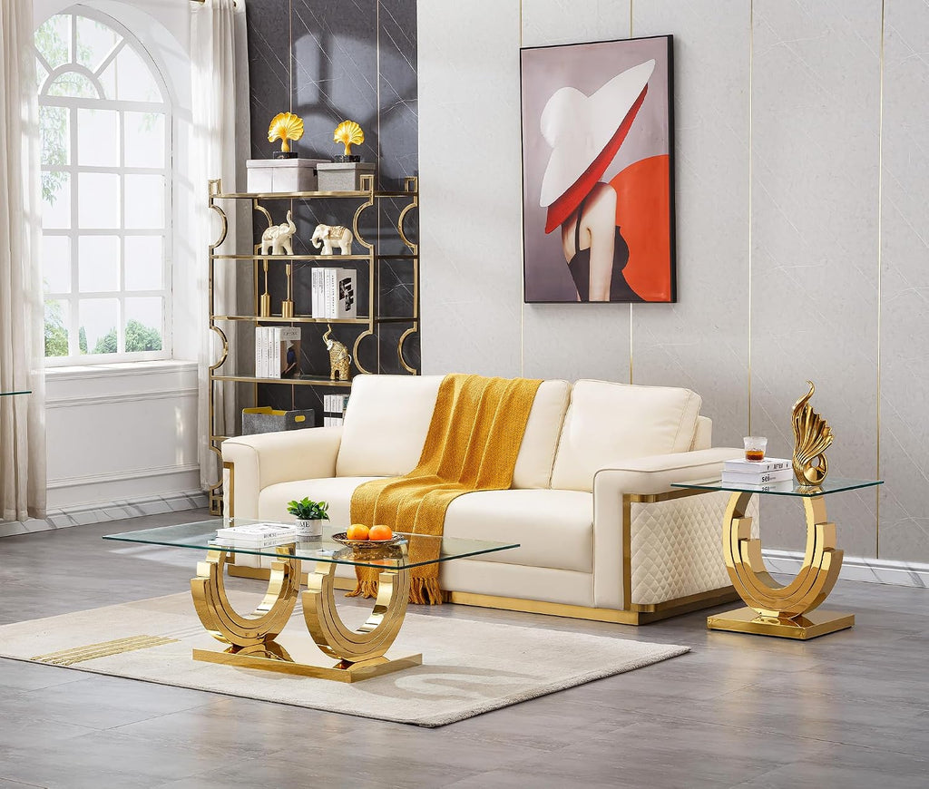 2 Pieces Living Room Table Set, Glass Coffee Table Set of 2, Modern Coffee Table and End Table with Three U-Shaped Stainless Steel Base for Living Room (Gold)