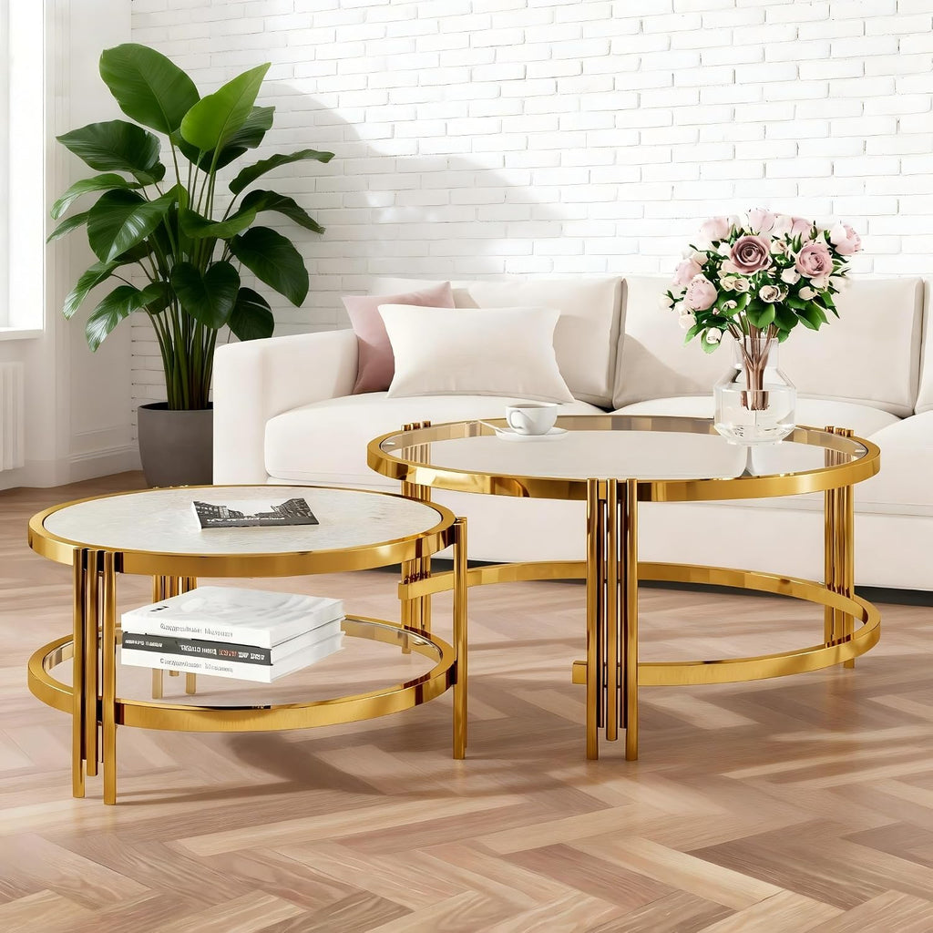 Coffee Table Set of 2 Nesting Round Glass Living Room Table Set Φ 32.75 Modern Simple 2 Tier Middle Center Metal Frame for Small Space Living Room Bedroom Office Meeting Room Gold