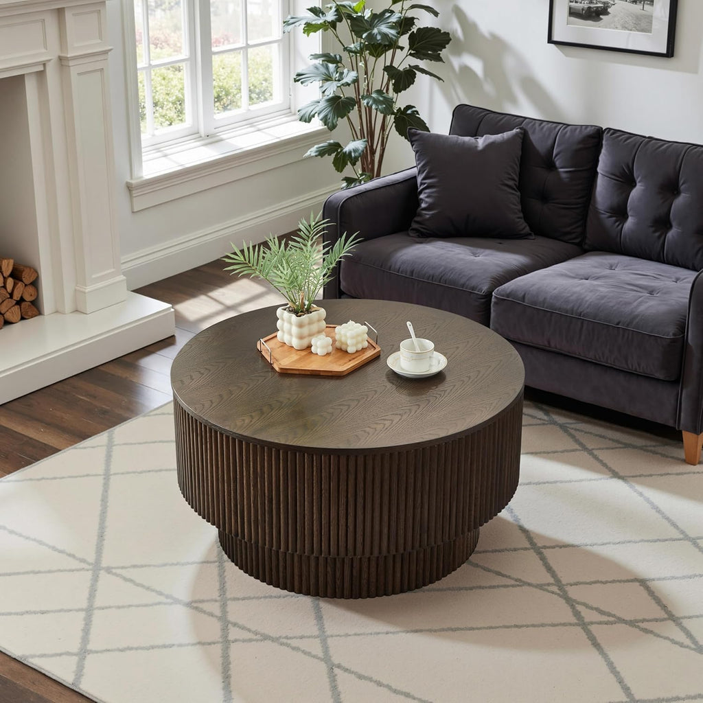 31.49' Wood Round Coffee Table for Living Room, Fluted Circle Coffee Table with Storage, Modern Handcraft, Easy Assembly(Brown, 31.49'x31.49'x15.74')
