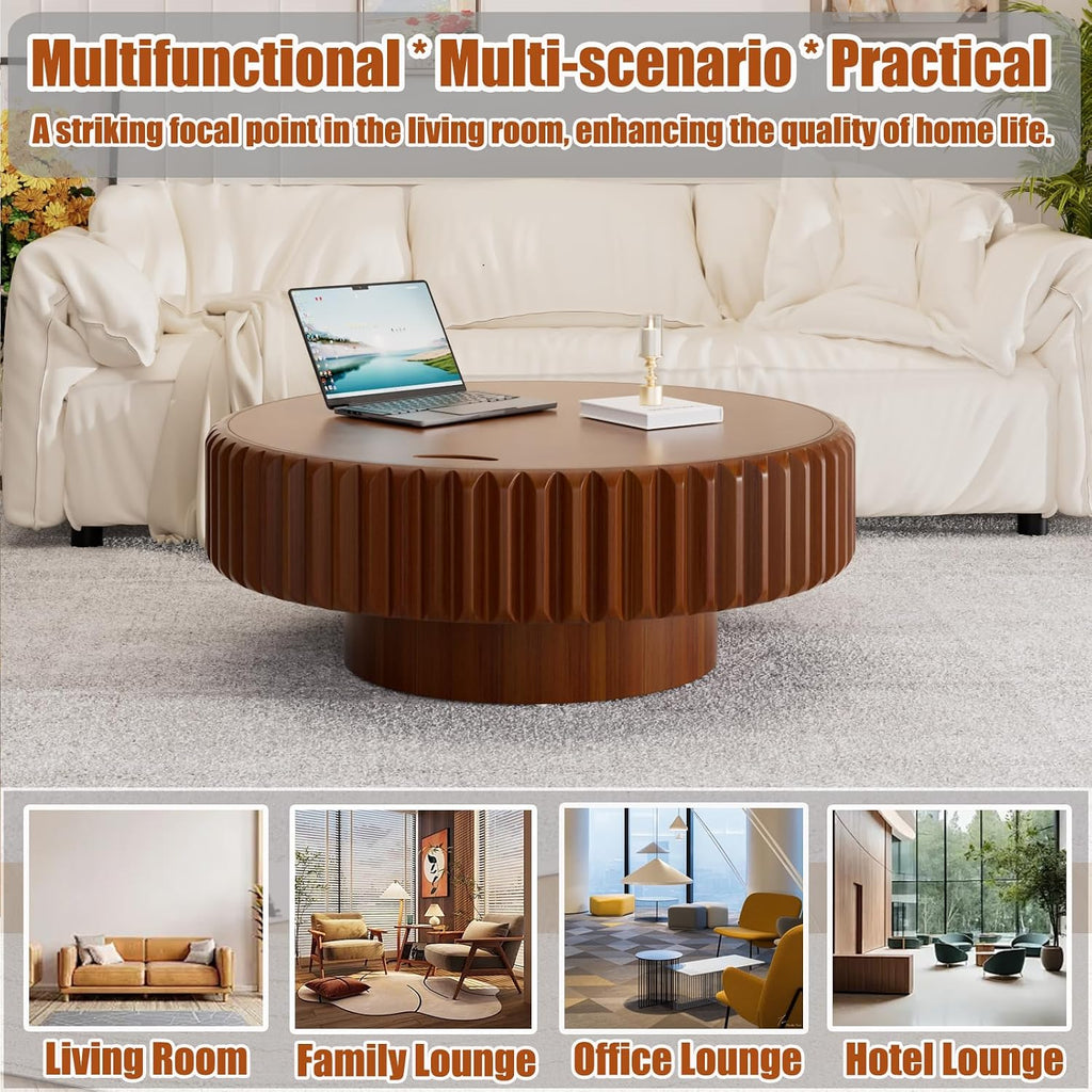 39.37'' Round Drum Coffee Table with Hidden Storage, Modern Fluted Coffee Tables with Solid Wood Veneer, Wooden Circle Center Table for Living Room, Small Spaces, and Apartments, Easy Assembly
