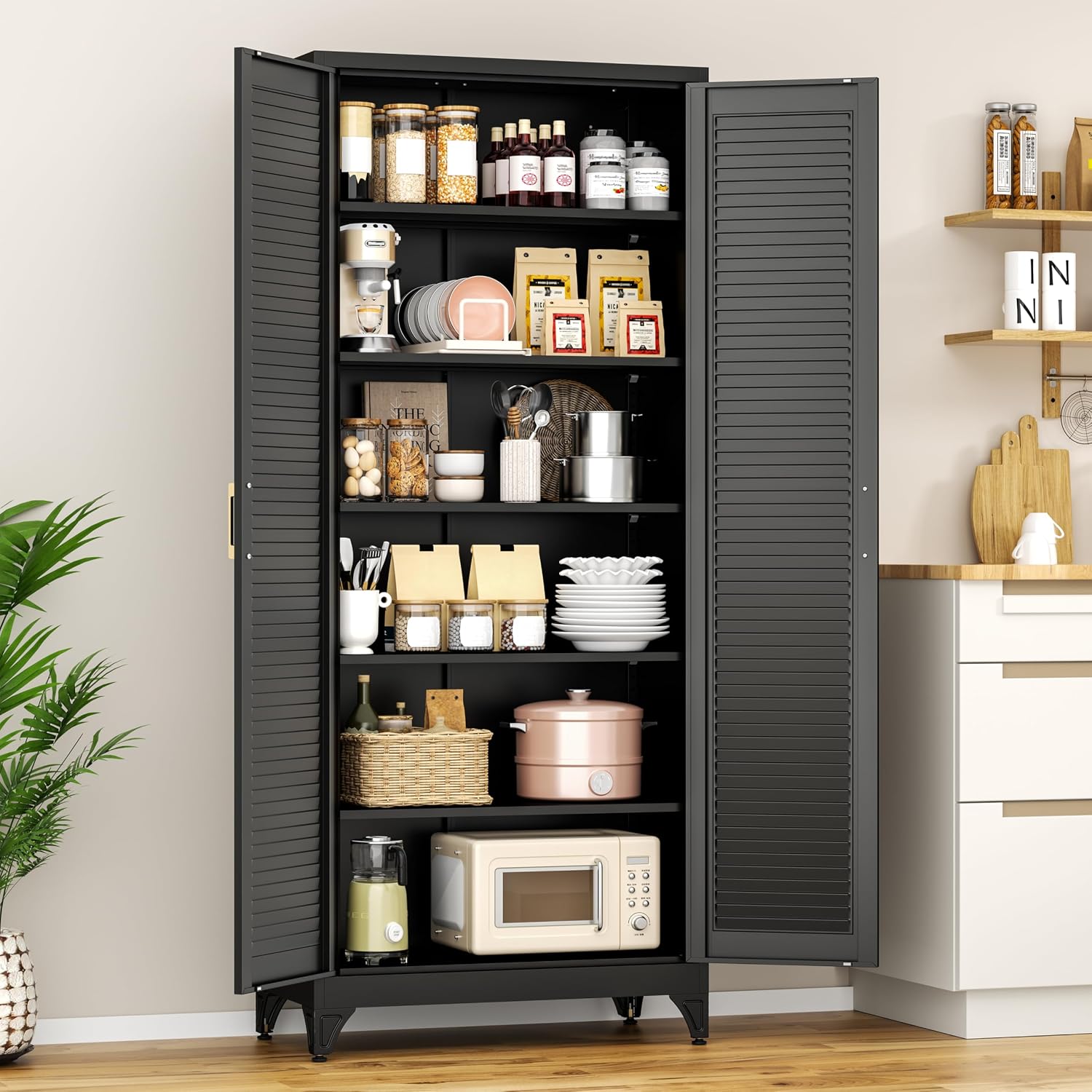 Polup 75' Metal Storage Cabinet with Doors and Shelves, Black Kitchen Pantry Cabinet, 6-Tier Freestanding Tall Storage Cabinet for Garage, Office, Bathroom, Laundry Room, Dining Room