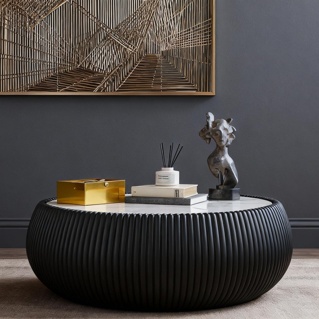 27.55' Round Marble Coffee Table,Modern Fluted Coffee Table with White Sintered Stone Top & Black PU Leather Covered, Modern Drum Coffee Cocktail Center Tables for Living Room,No Need Assembly