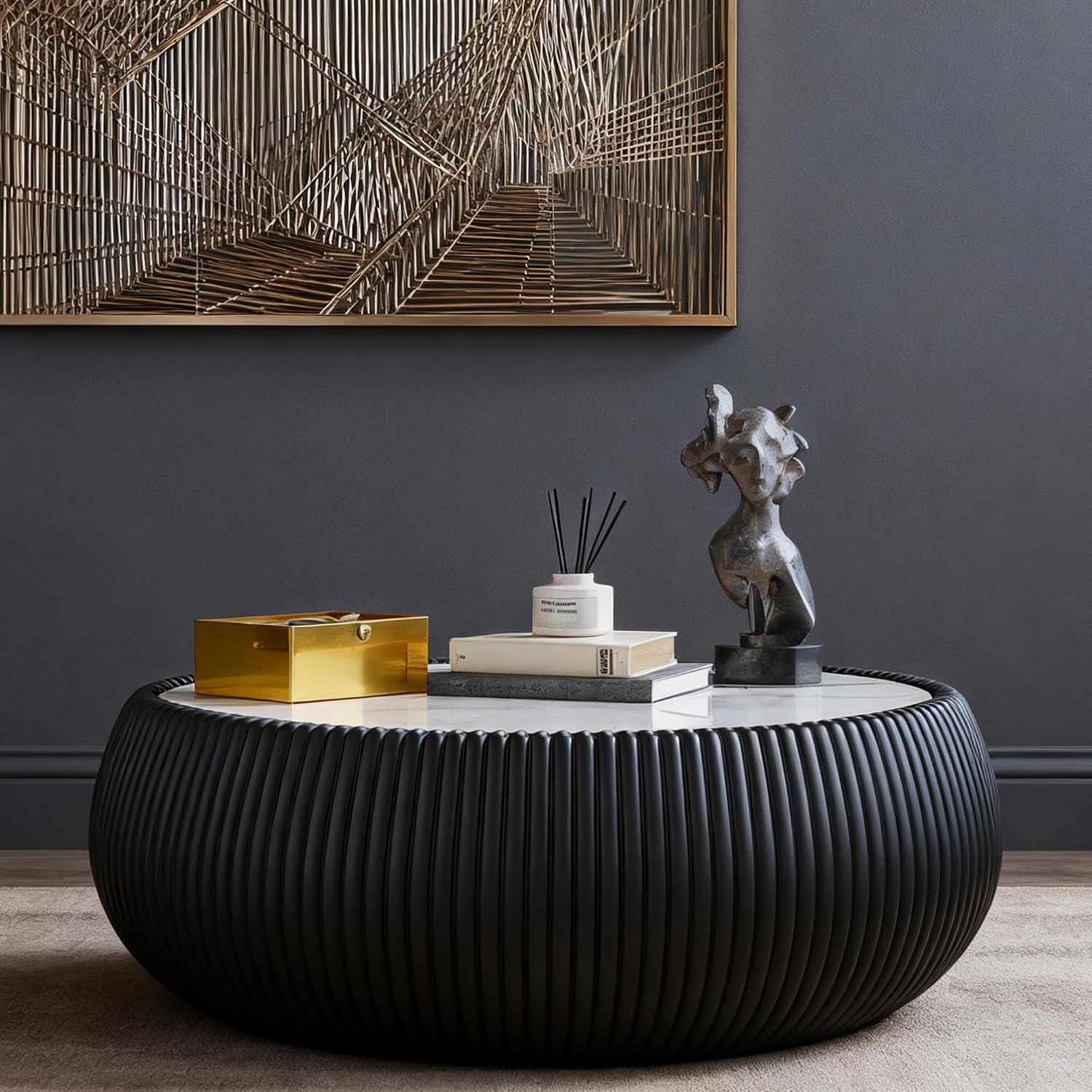 27.55' Round Marble Coffee Table,Modern Fluted Coffee Table with White Sintered Stone Top & Black PU Leather Covered, Modern Drum Coffee Cocktail Center Tables for Living Room,No Need Assembly