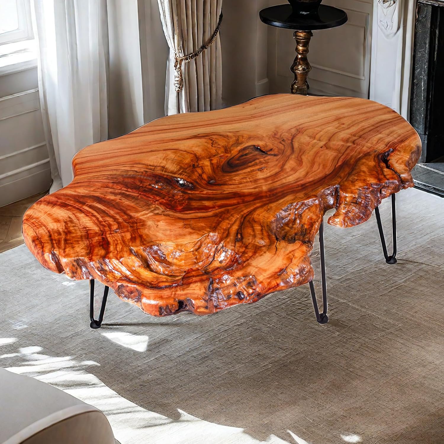 BTEOBFY 14-Inch Live Edge Coffee Table - Handcrafted Solid Wood Side Table with Metal Hairpin Legs - Unique Organic Shape End Table for Living Room, Rustic Boho & Modern Farmhouse Decor