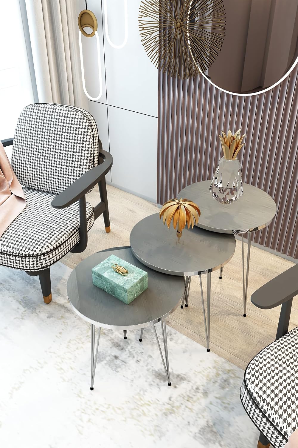 Set of 3 Nesting End Tables Round Wood Stacking Coffee Side Accent Table with Metal Legs for Living Room, Home Office, Nightstands for Bedroom