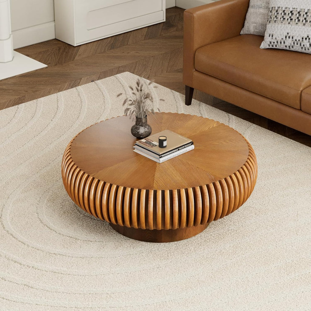 31.5' Round Drum Coffee Table, Modern Fluted Tea Table with Solid Wood Veneer, Wooden Circle Center Table for Living Room, Small Spaces, and Apartments, Easy Assembly