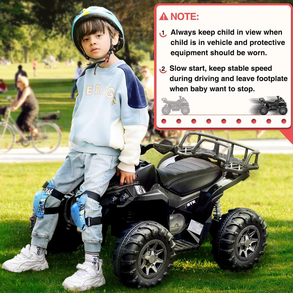 Soar 12V Ride On ATV for Kids Ages 3–6, Electric 4 Wheeler with LED Lights, Music Player, High/Low Speed, USB/TF, Treaded Tires, Black