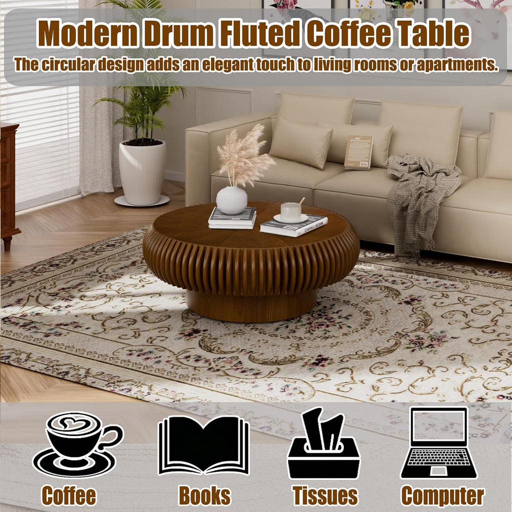 31.5' Round Drum Coffee Table, Modern Fluted Coffee Tables with Solid Wood Veneer, Wooden Circle Center Table for Living Room, Small Spaces, and Apartments, Easy Assembly