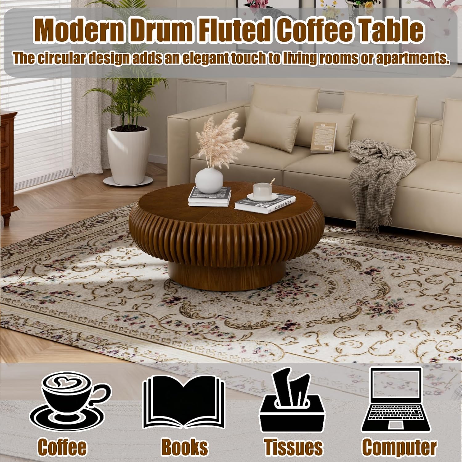 31.5' Round Drum Coffee Table, Modern Fluted Coffee Tables with Solid Wood Veneer, Wooden Circle Center Table for Living Room, Small Spaces, and Apartments, Easy Assembly