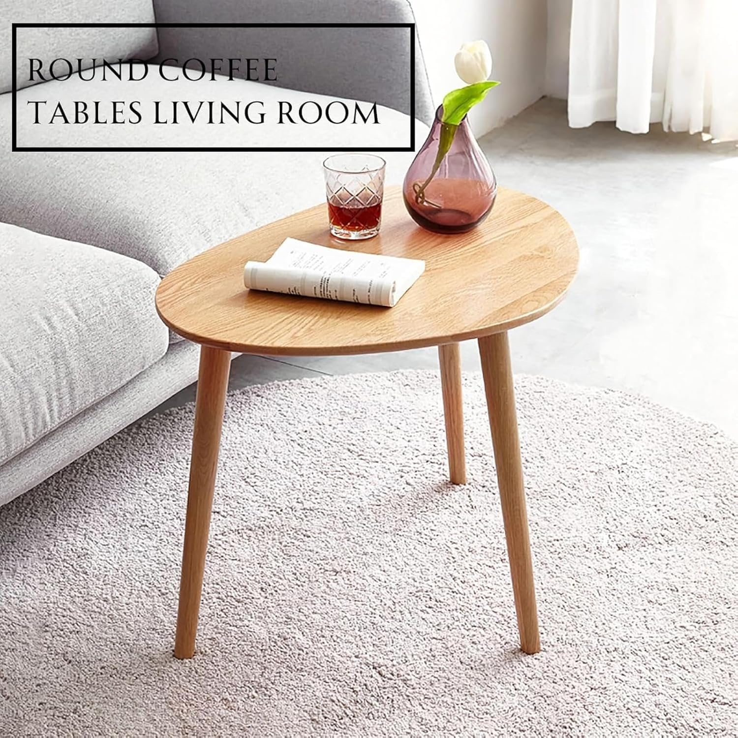 100% Solid Oak Wood Nesting Coffee Table, Small Oval Coffee Tables Set, Mid Century Modern Round Tables for Living Room, Pebble Side Table for Balcony (Nature, Combine)