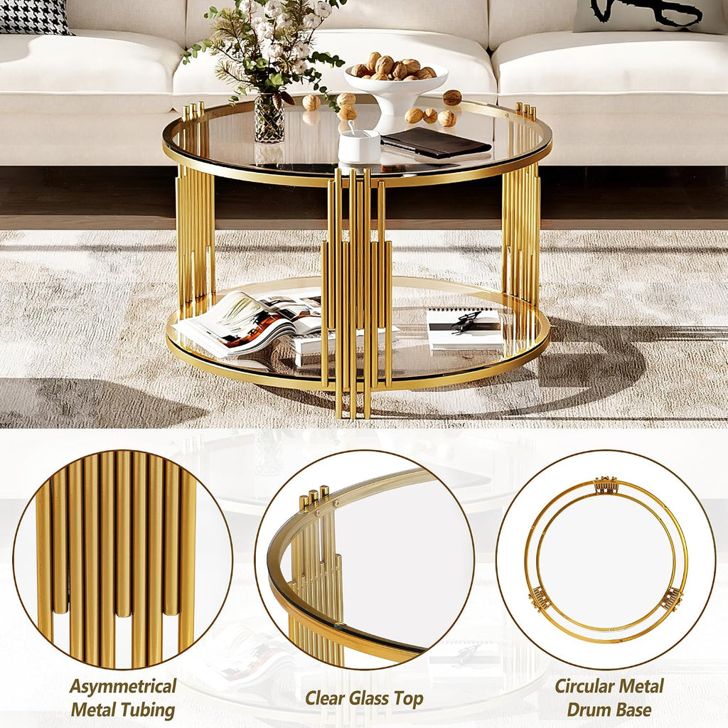 Round Glass Coffee Tables for Living Room, 2-Tier Circle Coffee Table with Metal Drum Base, 31.5' Modern Center Accent Table for Small Space, Bedroom