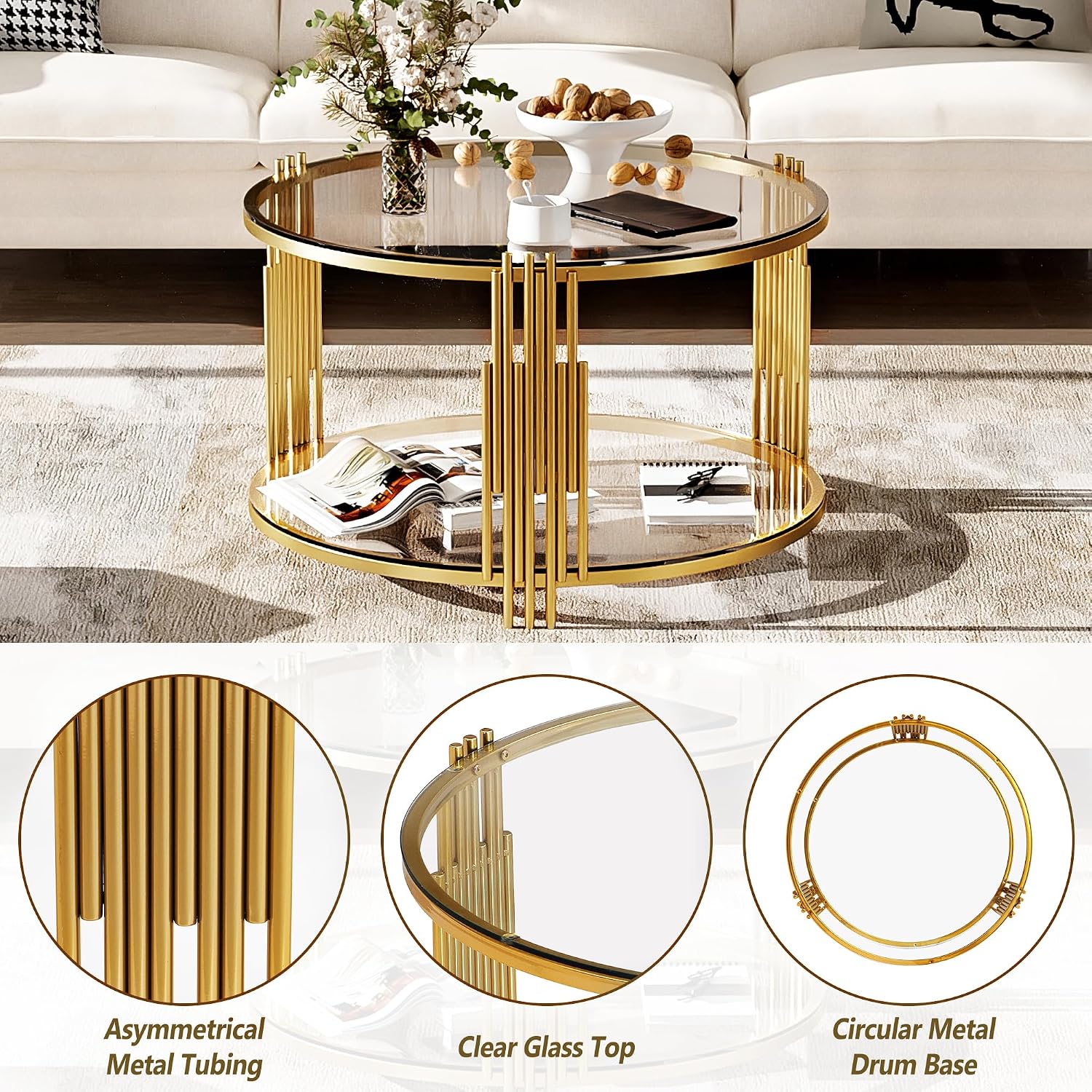 Round Glass Coffee Tables for Living Room, 2-Tier Circle Coffee Table with Metal Drum Base, 31.5' Modern Center Accent Table for Small Space, Bedroom