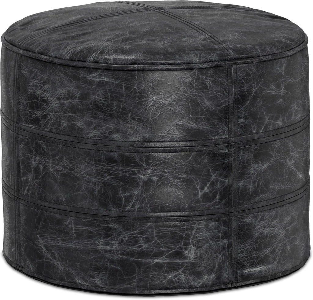 SIMPLIHOME Connor Round Pouf - 18 inch Wide Upholstered Genuine Leather Ottoman in Distressed Black, Boho Footstool or Extra Seating for Living Room or Bedroom with Polystyrene Filling, Assembled