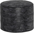 SIMPLIHOME Connor Round Pouf - 18 inch Wide Upholstered Genuine Leather Ottoman in Distressed Black, Boho Footstool or Extra Seating for Living Room or Bedroom with Polystyrene Filling, Assembled