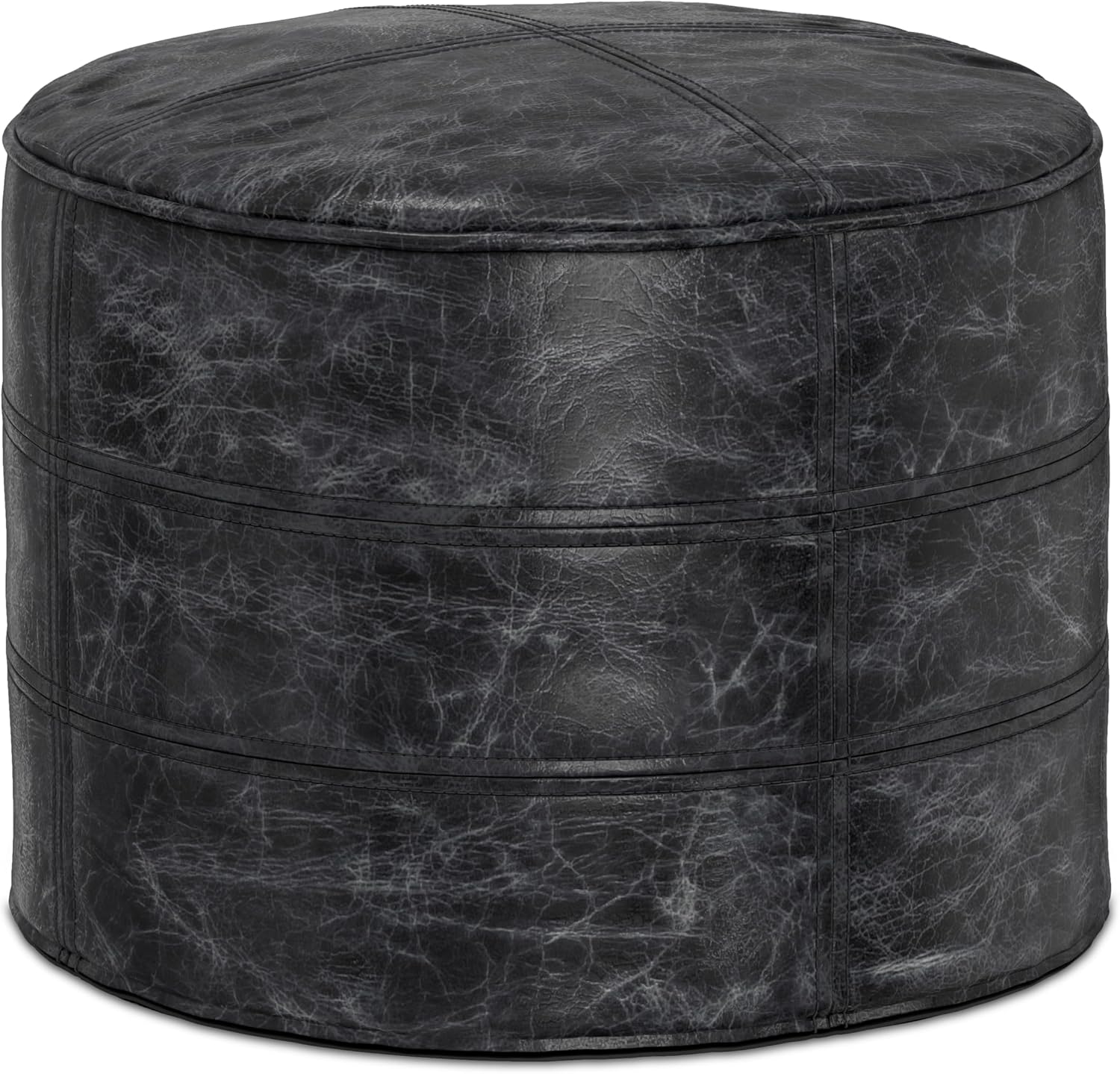 SIMPLIHOME Connor Round Pouf - 18 inch Wide Upholstered Genuine Leather Ottoman in Distressed Black, Boho Footstool or Extra Seating for Living Room or Bedroom with Polystyrene Filling, Assembled